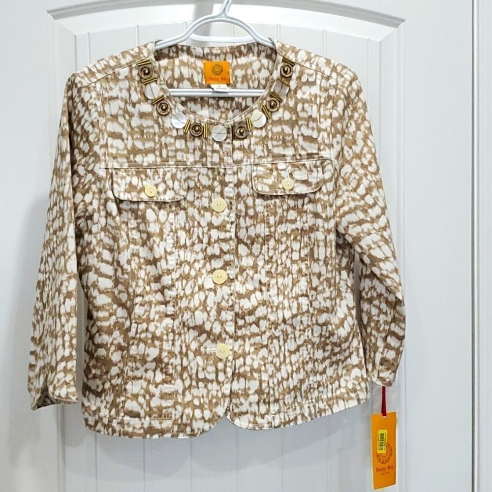 Ruby Rd. Snakeskin Jeweled Collarless Button Down Casual Blazer Jacket NWT 8